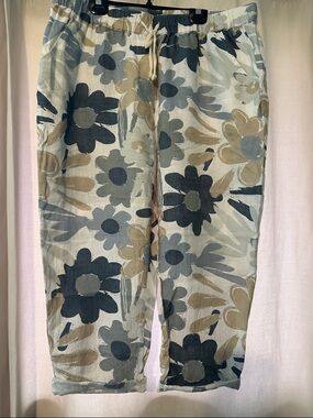 CHARLIE B Floral Linen Blend Drawstring Pants in Cream, Gray, Tan